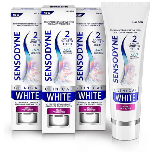 Sensodyne Clinical White Toothpaste Clinically Proven Whitening for Sensitive Teeth, Stain Protector, 3.4 oz x 3