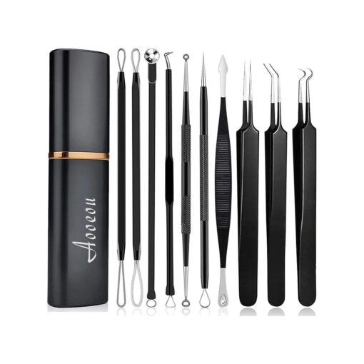 Pimple Popper Tool Kit, Aooeou 10 Pcs Professional Blackhead Extractor with Metal Case - Easy Removal for Pimples, Blackheads, Zit Removing, Forehead and Nose ( Black )