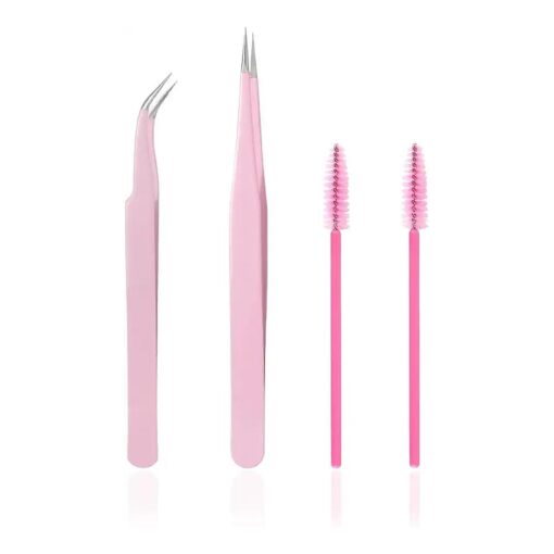 Stainless Steel Eyelash Extension Tweezers Straight and Curved Tip Eyelash Tweezers for Eyelash Extension Applications with Eyelash Brush ( 4PCS )