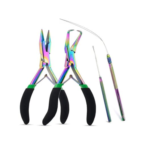 Pro Extension Kit, Extensions Remover Pliers set, Micro Beads Pulling Hook & Microbead Loop Tool Stainless Steel Packed in Soft Case ( Rainbow with Rubber Handles ), 1.0 Count