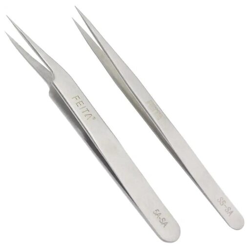 Precision Tweezers Professional Stainless Steel Straight & Slanted Tip Best Tweezers Set for Eyelash Extension, Craft, Jewelry, Eyebrow & Ingrown Hair Removal ( Silver 2Pcs )