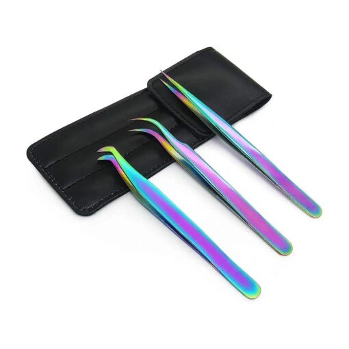 Quewel Eyelash Extension Tweezers Set Eyelash Applicator Tool Curved and Straight pointed Tweezers Lash Extension Supplies Stainless Steel Precision Tweezers Silver ( 3 pcs, Rainbow )