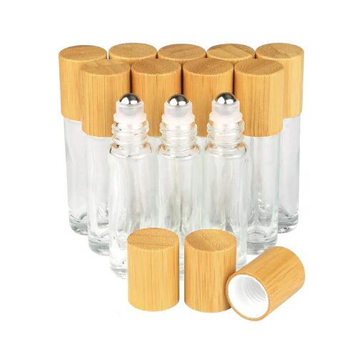 Clear Refillable Glass Empty Roll on Bottles Roller Bottle,10ml Bamboo Roll On Bottle For Essential Oils Perfume Sample Bottles With Stainless Steel Roller Ball & Bamboo Cap,12pcs