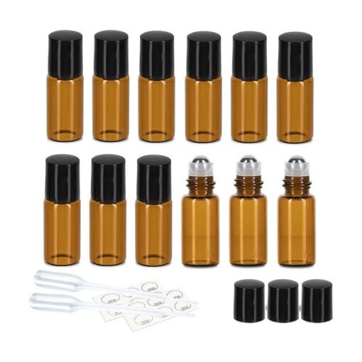 ZEJIA 3ml Roller Bottles 12Pack Amber Thick Glass Essential Oil Roller Bottles Stainless Steel Roller Ball with 2 Droppers