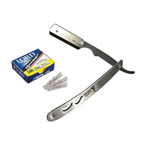 CS-102 Stainless Steel Professional Barber Straight Edge Razor with 100 Lord Single Edge Razor Blades ( Silver Metal )