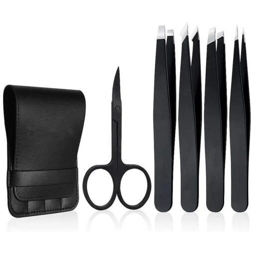 Tweezers Set 5-Piece - Professional Stainless Steel Tweezers with Curved Scissors, Best Precision Tweezer for Eyebrows, Splinter & Ingrown Hair Removal with Leather Travel Case ( Black )