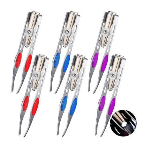 6 Pcs Light Tweezers Stainless Steel Tweezers with LED Light, Makeup Eyelash Eyebrow Hair Removal Tweezers Illuminating Lighted Tweezers for Precision Hair Removal Men Women ( Red, Purple, Dark Blue )