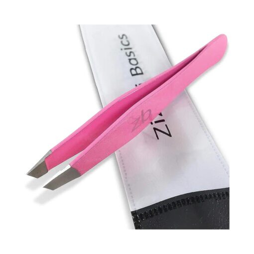 Tweezers - Surgical Grade Stainless Steel - Slant Tip for Expert Eyebrow Shaping and Facial Hair Removal - with Protective Pouch ( Bubblegum Pink )