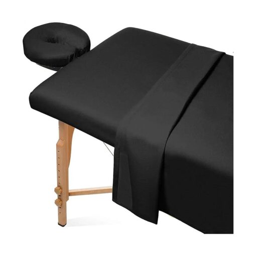 Saloniture 3-Piece Flannel Massage Table Sheet Set - Soft Cotton Facial Bed Cover - Includes Flat and Fitted Sheets with Face Cradle Cover - Black