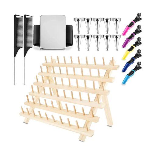 19 Pieces Braiding Rack for Hair Standing Braid Hair Extension Rack Stand with 10 Hair Parting Ring 5 Hair Sectioning Clips 2 Rat Tail Comb and 1 Magnetic pin wristband for Stylist ( Wood )