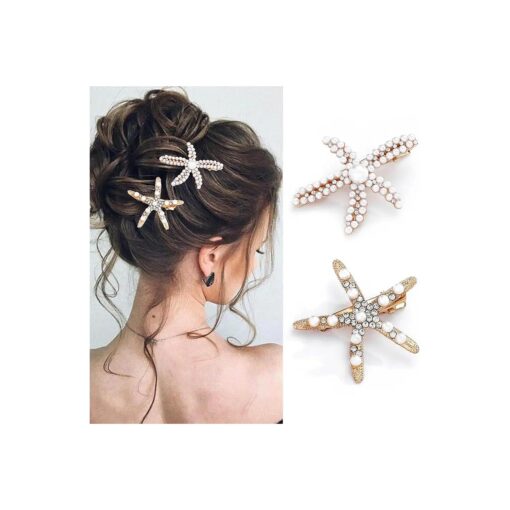 Bartosi Starfish Hair Clips Gold Pearl Hair Barrettes Crystal Hair Pin Bride Wedding Head Pieces Decorative Bobby Pins Hair Accessories for Women and Girls ( Pack of 2 )