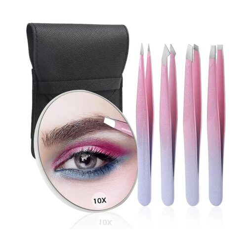 Tweezers and 10X Magnifying Mirror Kit with Travel Leather Case, Eyebrow Tweezer Set for Women & Men, Great Precision for Facial Hair, Splinter and Ingrown Hair Removal - Starry Purple