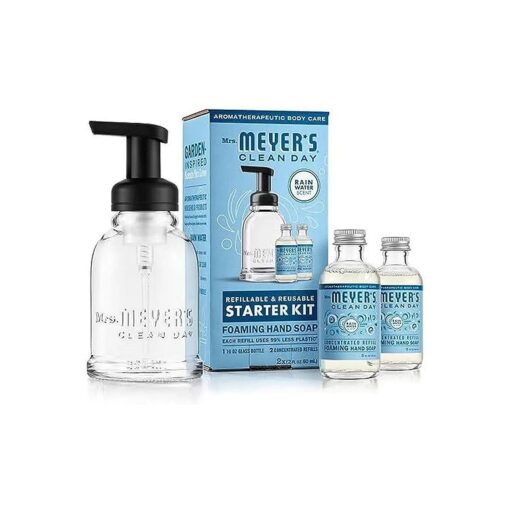 MRS. MEYER 'S CLEAN DAY Foaming Hand Soap Dispenser & Concentrate Starter Kit,1 Glass Dispenser ( 10 Fl, Oz, ) & 2 Concentrated Refills ( 2 Fl.Oz, each ), Rain Water, Makes 20 Fl, Oz, of Foaming Soap Total