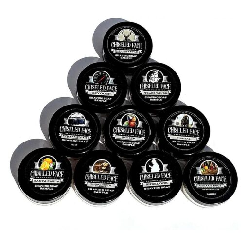 Shaving Soap Sampler by Chiseled Face -- Santa Paula, Pine Tar, Sherlock, Cedar & Spice, Summer Storm, Trade Winds, Ghost Town Barber, Cryogen, and Midnight Stag -- Handmade Shaving Soap