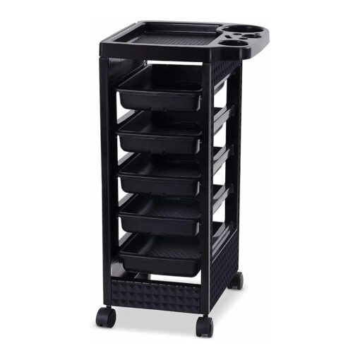 Paddie Black Salon Trolley Cart with Wheels/5 Drawers/Hair Dryer Holder/Tint Bowl Slot for Hair Stylist, Beauty Salon Equipment