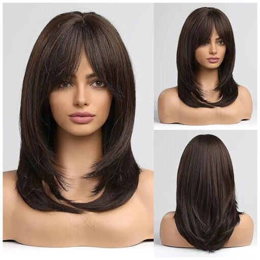 Dark Brown Wigs for Women, HAIRCUBE Shoulder-Length Layered Wigs with Bangs Heat Resistant Synthetic Fibre Wigs