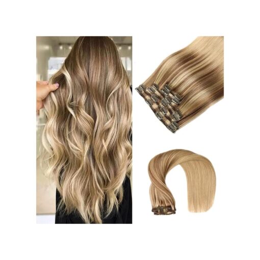 VINBAO Human Hair Extensions Clip in Hair Extensions Balayage Ash Brown to Caramel Blonde 16 Inch 100g 6pcs Remy Clip in Hair Extensions Straight Thick Hair Extensions ( # 10/16/16, 16" )