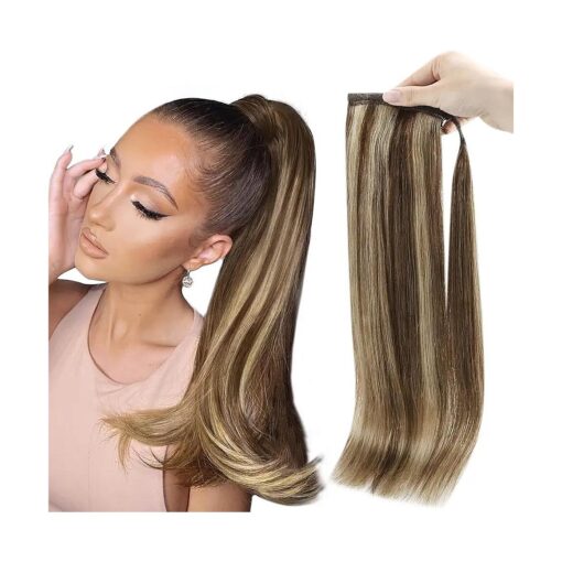 Full Shine Hair Extensions Clip in Ponytail Human Hair Extensions Wrap Around Ponytail Hair Extensions Straight Hair Medium Brown Highlights Honey Blonde 70Grams 12Inch