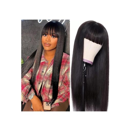 Straight Wig with Bangs Human Hair 150 % Density Human Hair Bang Wig for Black Women Straight Wig Human Hair None Lace Front Wigs Machine Made Straight Wig Human Hair With Bang 14 Inch