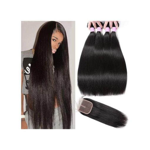 Flady 10A Straight Bundles with Closure Brazilian Remy Human Hair 4 Bundles with Closure ( 20 20 22 22+18 ) Weft Hair Extensions Human Hair Sew In