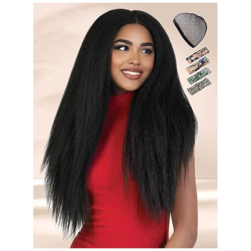 WIGNEE Kinky Straight Headband Wig Kinky Wig with Premium Ribbon Glueless Headband Wigs for Black Women Natural Synthetic Afro Wigs for Black Women Natural Black 30 Inch