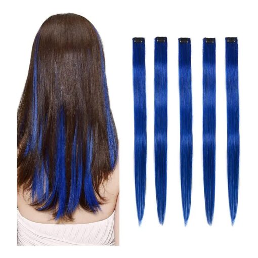 5 Pcs blue hair extensions 18 Inches Colored Christmas Party Highlights Straight Hair Clip in Human Hair Extensions in Multiple Colors