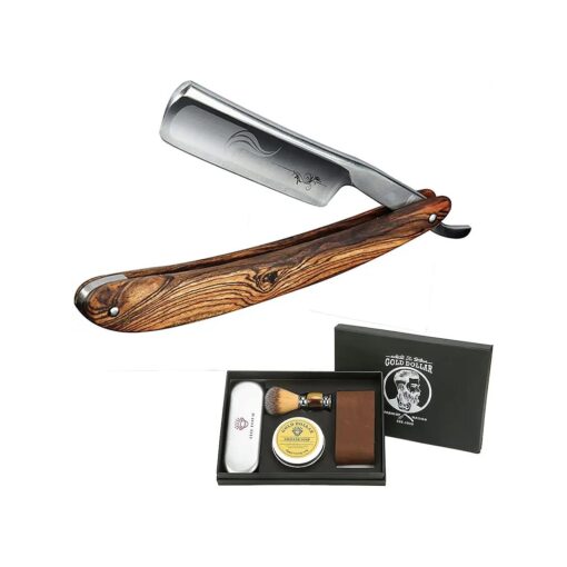 Straight Razor Wooden Handle Shaving Ready for Men Barber, Straight Edge Razor Kit Professional Shaving Razor with Leather Strop Brush Shaving Cream, Barber Approved