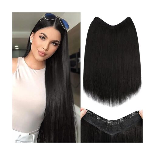 S-noilite One Piece Clip in Hair Extensions 18 Inch U-Shaped One Piece Hair Extensions with 5 Clips 3/4 Full Head Long Straight Clip in Hair Weft Synthetic Black Clip in Hairpieces for Women, # 3