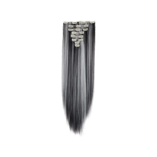 Womens 18 Clips 8pcs Full Head Hair Extensions 26 Inch Long Straight Natural Black mix Silver Grey Hairpiece