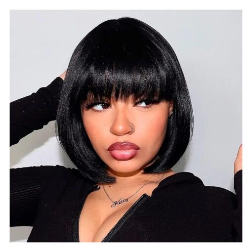 ToyoTress Short Bob Wigs With Bangs - 10 Inch Jet Black Yaki Straight Hair Daily Costume Wig For Black Women, Soft Light Synthetic Hair Replacement Wigs Heat Resistant ( 10 Inch, 1-613H )