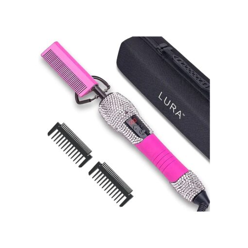 LURA Pink 180-500degF Hot Comb Electric for Wigs, Straightening for African American Hair, Pressing for Natural Black, Bling Diamonds Straightener Brush for Women Thick Hair ...