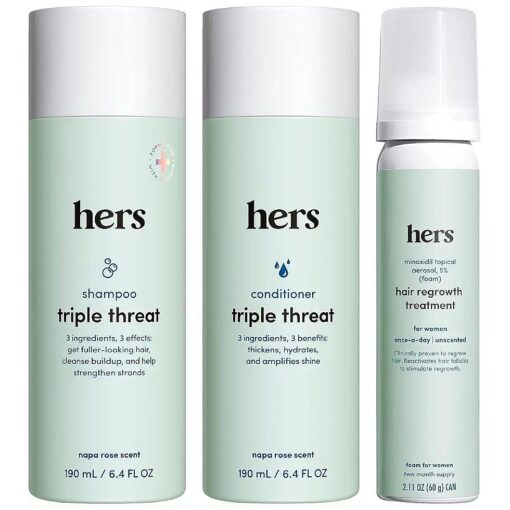 Hers Triple Threat Shampoo, Conditioner and Minoxidil Set - Hair Loss Treatment For Women - Includes Foam 5 % Minoxidil Treatment, Color Safe Hair Thickening Shampoo and Conditioner - 3 Count