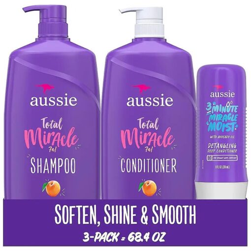 Aussie Total Miracle Hair Care Bundle : Shampoo and Conditioner with 3 Minute Deep Conditioner Treatment, Apricot & Macadamia Oil, Paraben-Free, for Damaged Hair, 26.2 Fl Oz & 8 Fl Oz, 3 Pieces