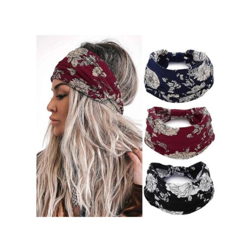 Aceorna Boho Headbands Wide Knotted Hairbands Stretch Turban Head Bands Elastic Cotton Workout Hair Bands Floral Yoga Sweetbands Bohemia Head Wraps for Women and Girls 3 Pcs ( Printed 1 )