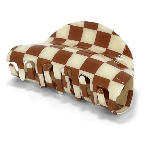 Checkered Hair Clip Claw Acrylic Strong Hold Women 's Accessory for all Hair Type, Brown