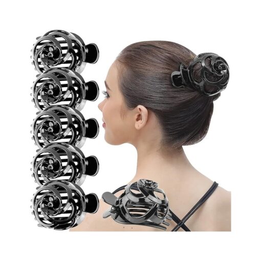 RC ROCHE ORNAMENT 6 Pcs Womens Stylish Rose Dome Comb Clamp Shell Plastic No Slip Strong Secure Grip Side Slide Bun Maker Beauty Accessory Hair Clip, Large Black