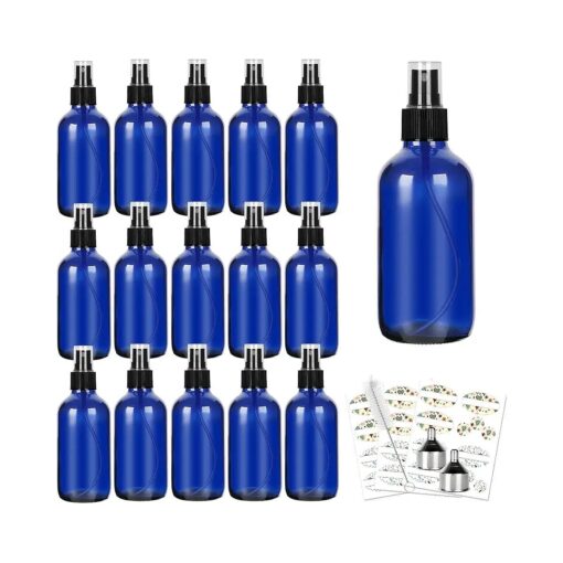 CycleMore 120ml 16 Pack 4oz Blue Glass Spray Bottles with Fine Mist Sprayers, Glass Travel Bottles for Cosmetic, Essential Oils, Cleaning Solutions, Perfumes & More Liquids Ideal Gift for Friends