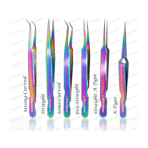 Alluring Rainbow Multi-Color Tweezers for Eyelash Extension ( Straight & Strong Curved )