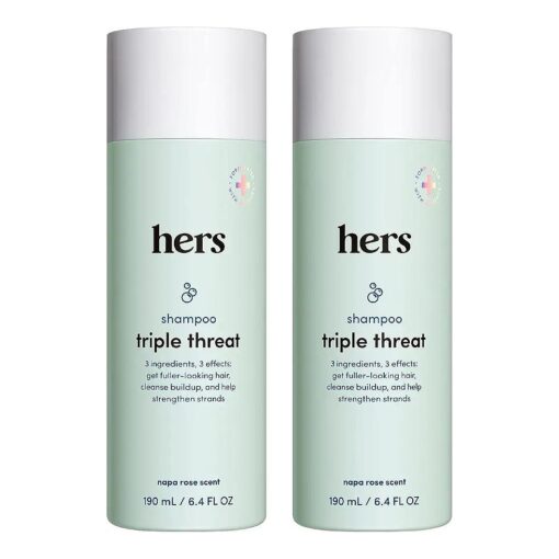 hers triple threat shampoo for hair that feels and looks thicker and stronger with biotin, saw palmetto, pumpkin seed oil, lightly scented with rose, helps control hair shedding, 2 pack, 6.4oz