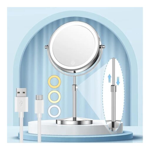 Gospire 8.5" Lighted Makeup Mirror with Magnification, Adjustable Brightness & Height, 3 Light Colors, 360deg Rotation, 10X Magnifying Mirror with Light, LED Vanity Mirror for Women - Chrome