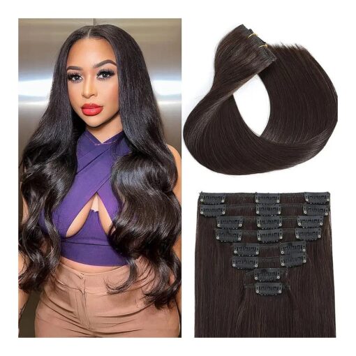 Clip in Hair Extensions Real Human Hair for Women 100 % Unprocessed Brazilian Virgin Hair 8 Pcs Per Set with 18 Clips Double Weft Clip Full Head Straight Remy Hair ( 18 Inch, # 2 Dark Brown )