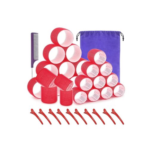 Self grip hair roller set, Hair roller set 24 pcs, Hair rollers with hair roller clips and comb, Salon hairdressing curlers, DIY Hair Styles, Sungenol 2 Sizes red Hair Rollers in 1 set