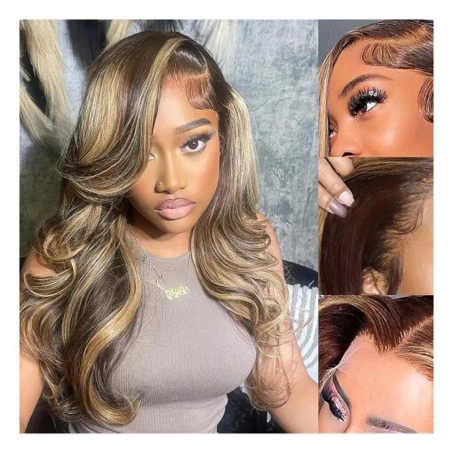 4/27 Honey Blonde Wig Highlight Ombre Blonde 13x6 HD Lace Front Wigs Human Hair Honey Blonde Lace Front Wig Colored Body Wave Pre Plucked Baby Hair Glueless180 % Density for Black Women 26 inch