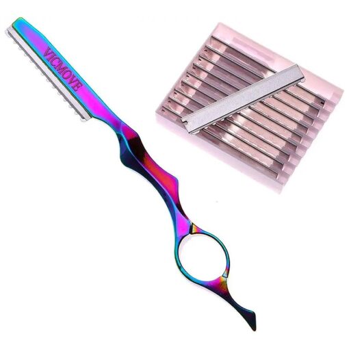 Professional Hair Styling Thinning Texturizing Cutting Feather Razor + 10 Replacement Blades Stainless Steel Rainbow Color