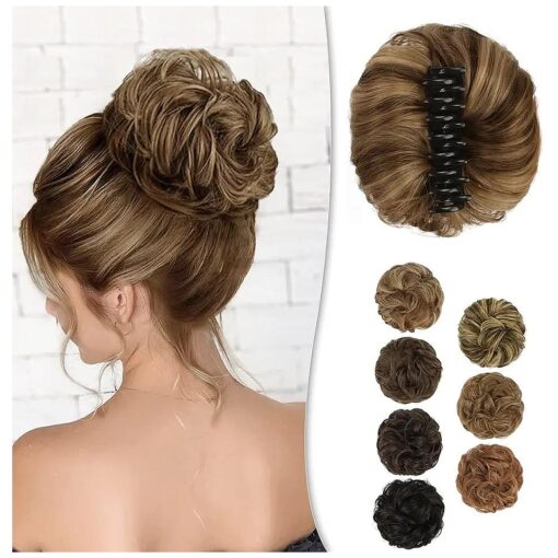 BARSDAR Claw Clip Messy Bun Hairpiece, Wavy Curly Messy Hair Bun Extensions Claw Clip on Chignon Soft Synthetic Bun Hair For Women Girls Daily ( Chocolate Brown & Blonde Highlights )