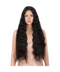 Style Icon 30 Inches Lace Front Wigs Black Middle Part Deep Wave Wig Synthetic Wig ( Middle Part Lace Wig, 1B )