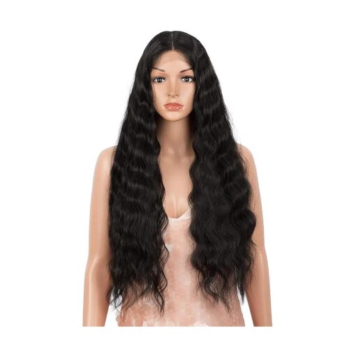 Style Icon 30 Inches Lace Front Wigs Black Middle Part Deep Wave Wig Synthetic Wig ( Middle Part Lace Wig, 1B )