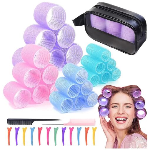 38Pcs Hair Rollers Set, Rollers hair curlers, Heatless hair curlers, Self grip hair rollers for Long Hair Bangs,24 hair curlers in 4 Sizes with 12 Clips, 2 Combs, 1 Storage Bag