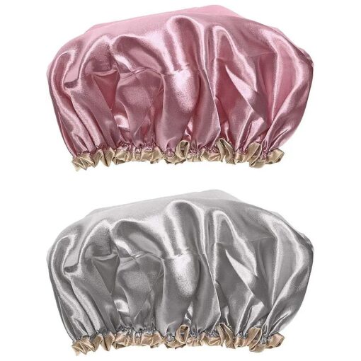 Shower Caps for Women Satin Waterproof Double Layers Elastic Washable Vintage Fashion Stylish Comfortable Stretchy Fit Reusable Bath Hat for Adults Long Hair Salon Spa Cooking