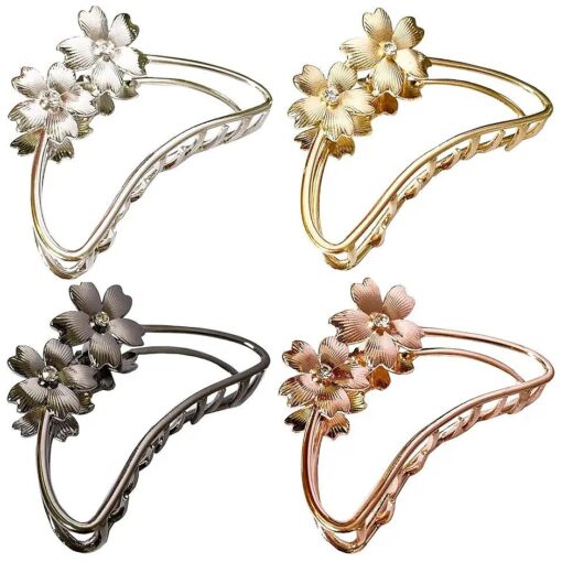 TANG SONG 4PCS Double Flowers Shaped Metal Hair Claw Clips Hair Catch Barrette Jaw Clamp for Women Half Bun Hairpins for Thick Hair ( Silver+Gold+Rose Gold+Black )